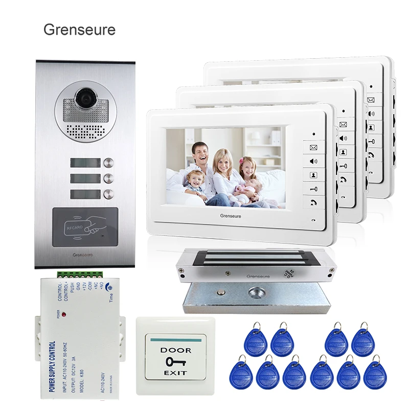 Квартира 7 &quotЦвет телефон видео домофон Системы 3 Мониторы + RFID дверца Камера для