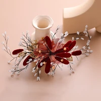 forseven red flower handmade hair pins jewelry pearl beaded bridal hairpins tiaras headpiece women wedding hair accessories jl