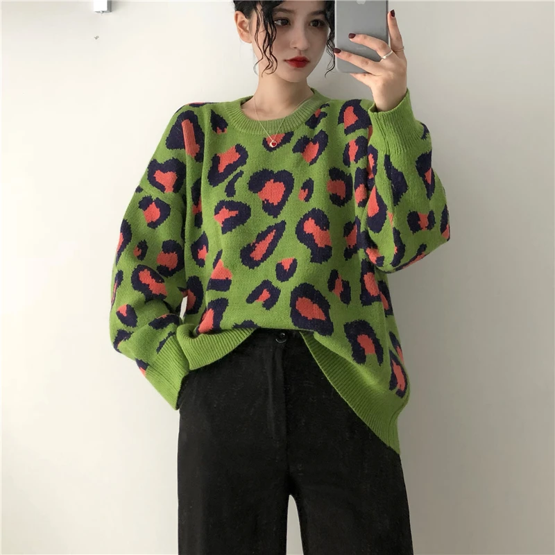 Женский вязаный свитер GRUIICEEN Леопардовый Свитер оверсайз в Корейском стиле GY2018390