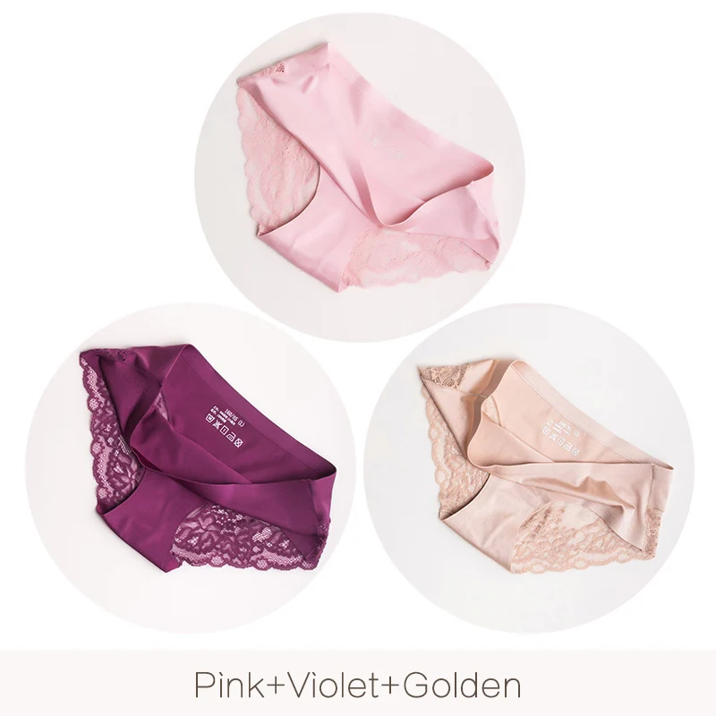Pink Violet Golden Сексуальные кружевные трусики, бесшовное женское нижнее белье, трусы, нейлон, шелк, для женщин, бикини, хлопок, Прозрачное нижнее белье, Hibubble, комплект из 3 предметов - Цвет: Pink Violet Golden