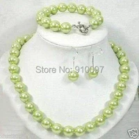 lhx54012100 real 12mm green sea south shell pearl necklace bangle earring set aa1234