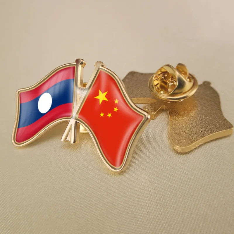 

Lao People's Democratic Republic and China Crossed Double Friendship Flags Lapel Pins Brooch Badges