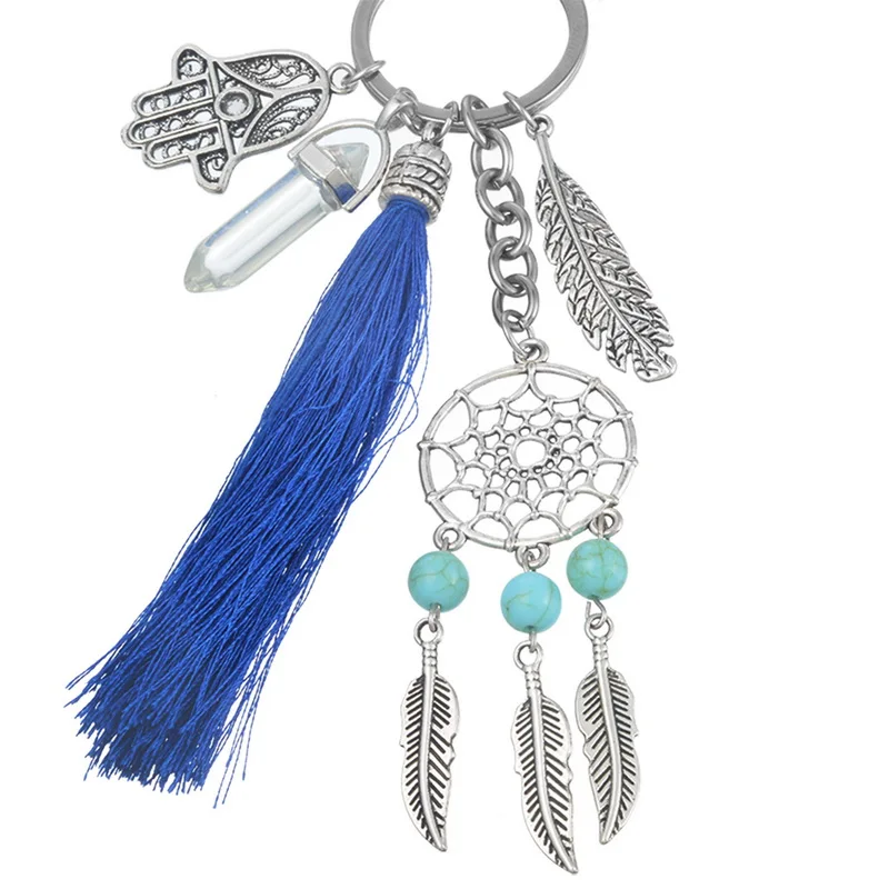 Laamei 2018 Handmade Natural Stone Keychain Dream Catcher Tassels Feather Women Silver Boho Jewelry keychain Gift | Украшения и