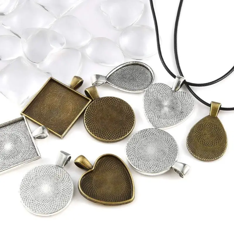 

60 Pcs/set Necklace Pendant Bottom Tray Set with Glass Necklace Leather For Photo Pendants DIY Jewelry Making