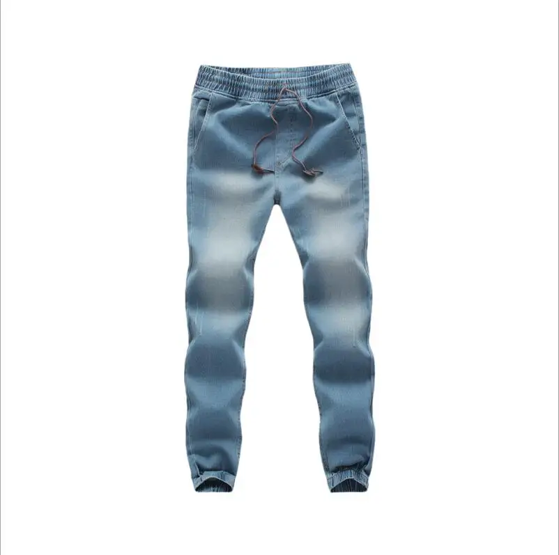Light Blue Модные повседневные однотонные синие джинсы джоггеры с эластичным поясом на шнурке мужские Промытые хип-хоп шаровары горячая распродажа - Цвет: Light Blue