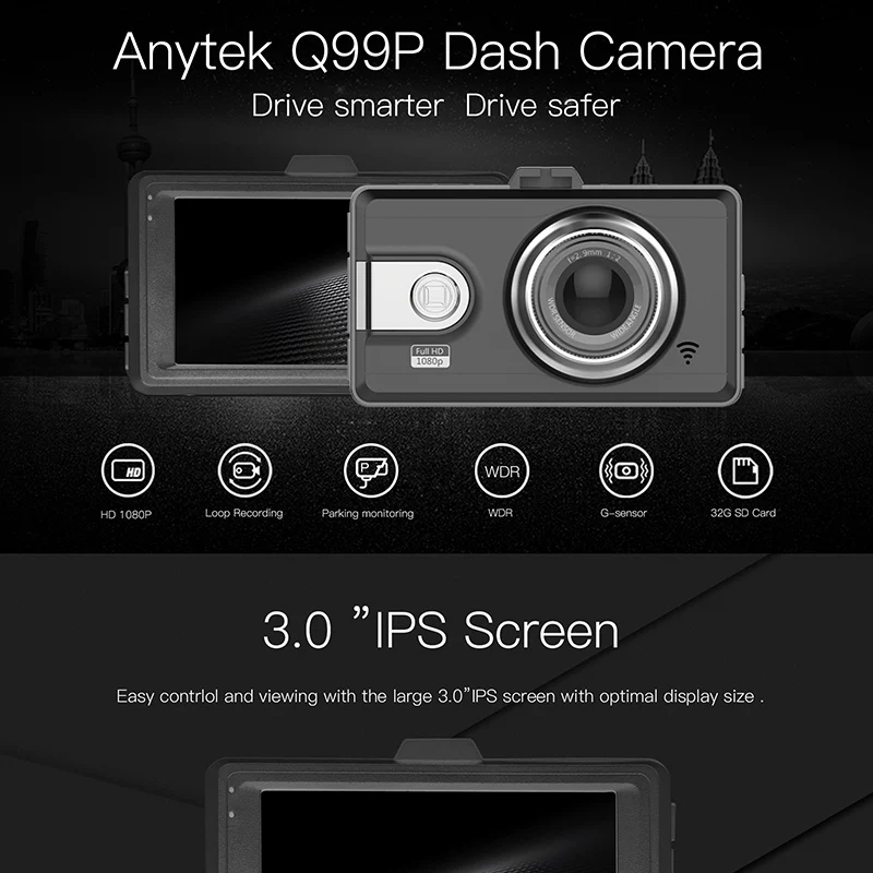 Оригинальная камера Anytek Q99P 3 0 дюймов IPS TFT видеорегистратор 1920*1080G sensor поддержка 32