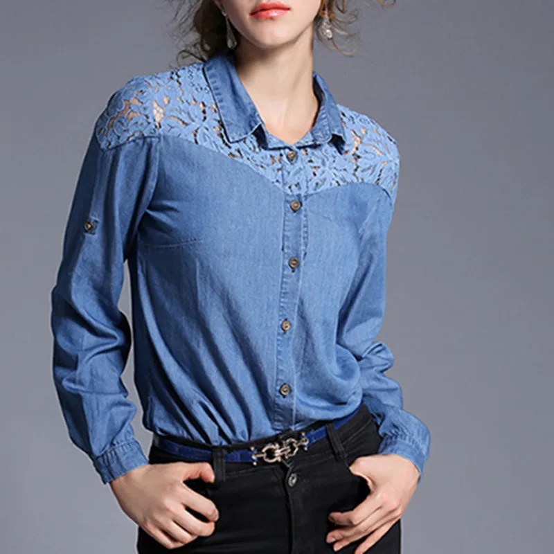 HziriP 2017 Euramerican Women Denim Tops Long Sleeve Shirts Lace Single Breasted Office Plus Size Female Blouse Spring Summer |