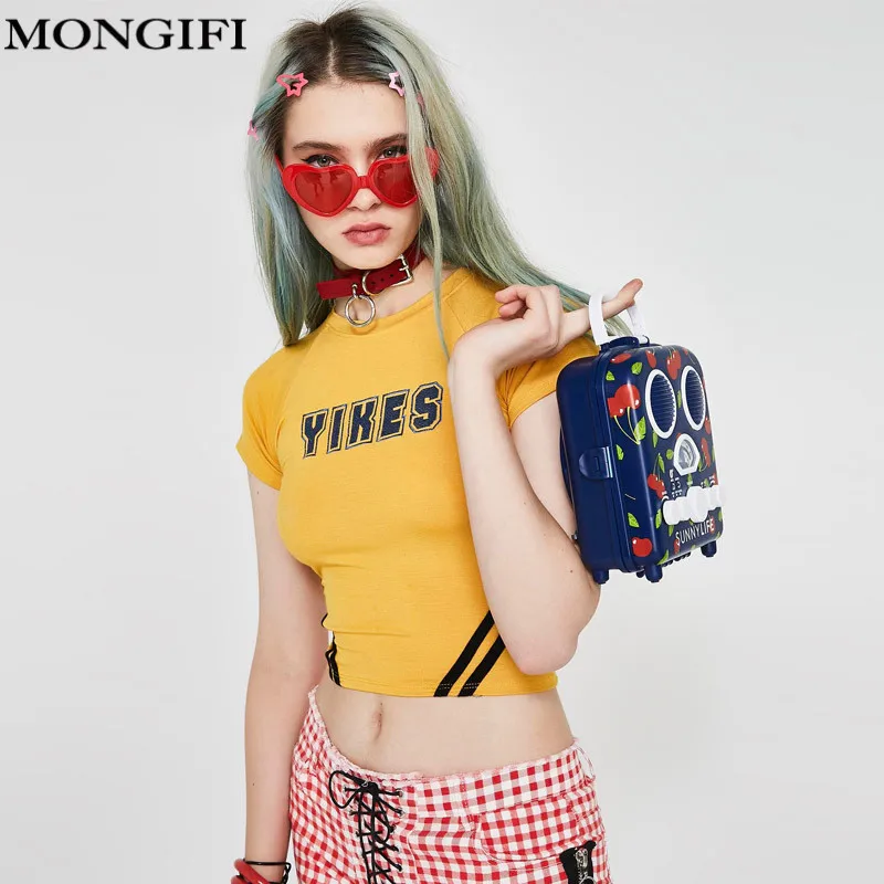 MONGIFI хлопок футболки с надписями Для женщин Клубная одежда желтый укороченный