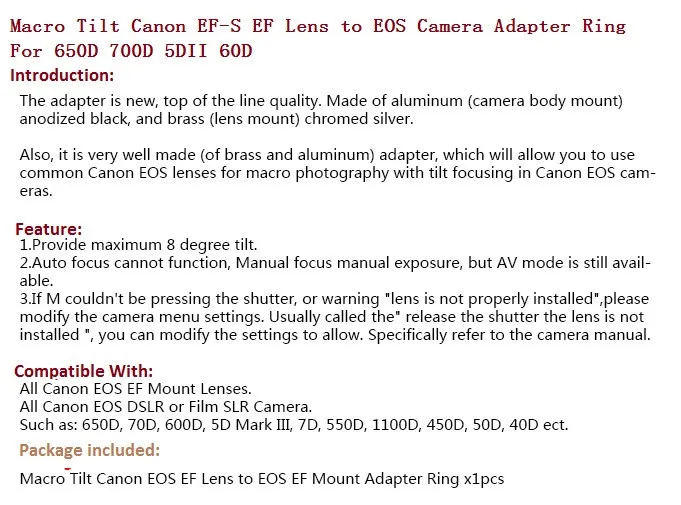 Venes наклон объектива адаптер/макро объектив адаптер Костюм для Canon EF для камеры EOS 70D 600D 5D Mark III 7D mark II 550D 700D