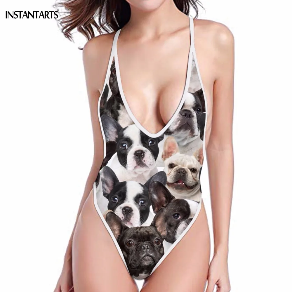 INSTANTARTS Cute Boston Terrier/French Bulldog Print Woman Sexy One Piece Swimwear Deep V Monokini Womans Summer Swimming Suits | Спорт и