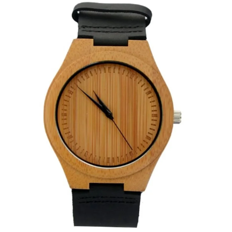 Hot Sell Bamboo Watch Fashion Wood Watch For Men With Genuine Leather Strap No Waterproof Round Quartz Men Watches