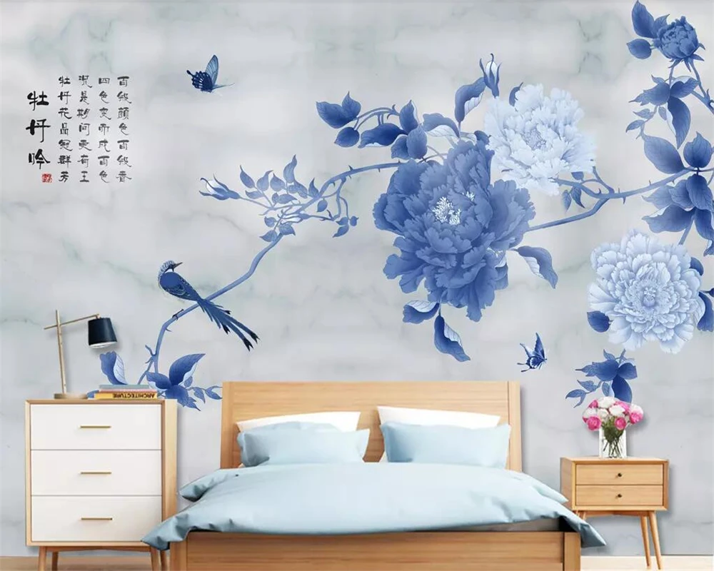 Beibehang Custom wallpaper Chinese Hand-painted pen Peony Birds and flowers Marble TV backdrop Home Decoration 3d | Обустройство дома