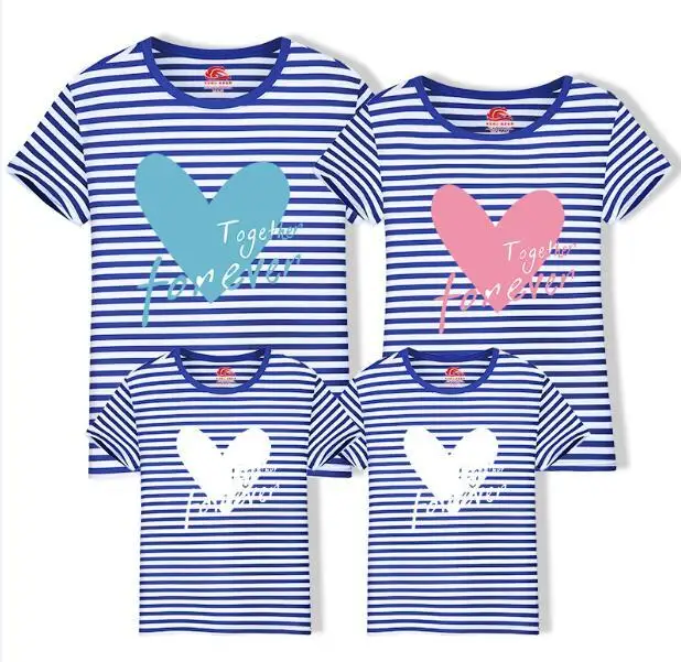 blue striped Одинаковая футболка для семьи Топ с сердечком для мамы и девочки костюмы с короткими рукавами для папы и сына летняя пляжная одежда для всей семьи - Цвет: blue striped