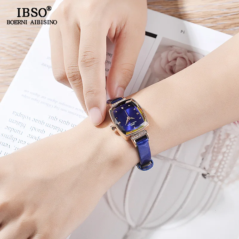 

IBSO Brand Fashion Women's Crystal Quartz Watch Cut Glass Rectangle Design Watch For Women Genuine Leather Wrist Watches