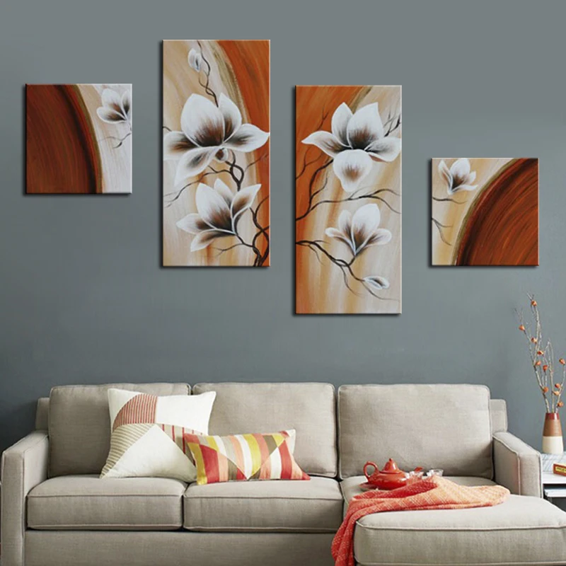 

Modern Home Decoration Wall Picture Abstract 4 Panel Brown White Flower Oil Paintings Hand Painted Floral Wall Art On Canvas