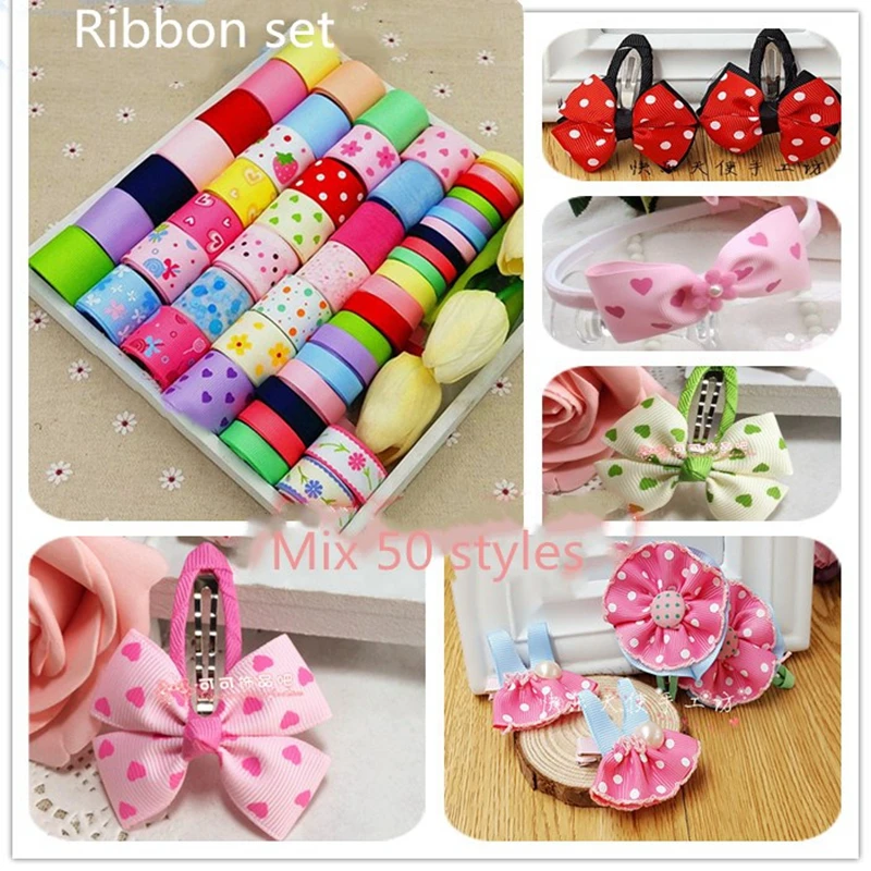 AOY ленты Сделай Сам конфетный цвет ленты набор печатных атласный Grosgrain материал для ухода за волосами заколка в виде бантика Свадебные украшения