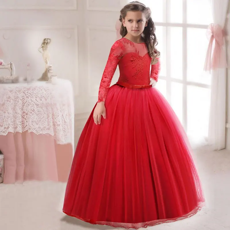 Lace Girl Long Dress Children's clothingLong Sleeve Flower Baby Girls Party Wedding Bridal Gown Kids Dresses | Детская одежда и