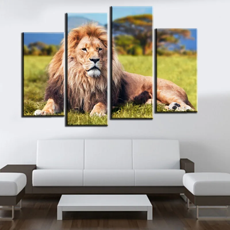 Без рамки 4 шт. лев на лугу Современная Картина холсте домашний Настенный Дизайн