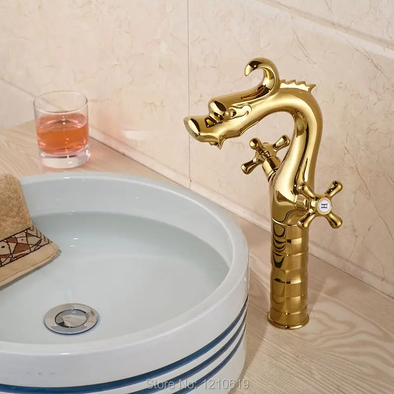 Новый роскошный смеситель для раковины в стиле дракона с двумя ручками золотой