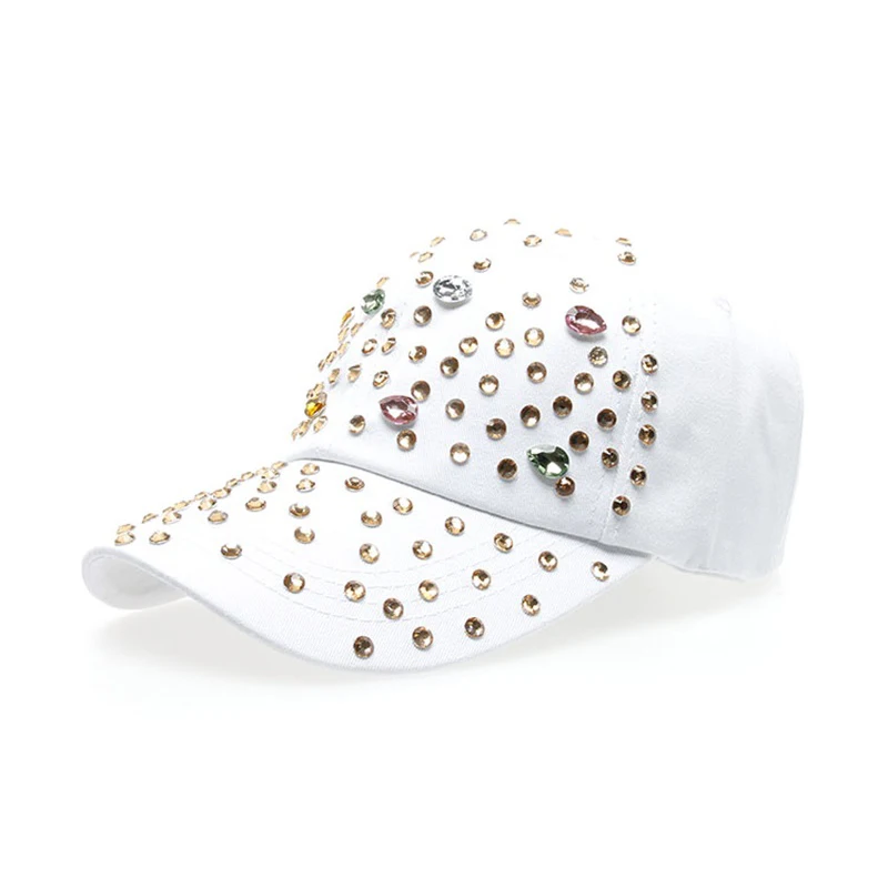 Wuaumx Бейсбол Кепки Для женщин с Украшенные стразами Красота девушка Snapback Кепки для женщин джинсовой Кристалл Шапки, кепка женская, бейсболка женская, шапка со стразами, кепки женские - Цвет: White