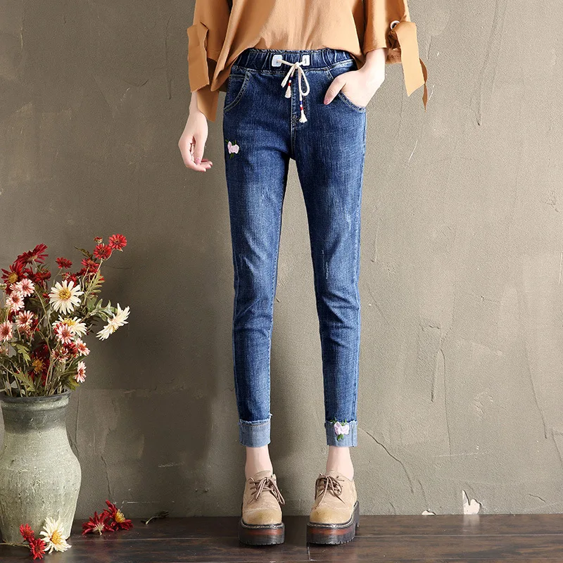 

2018 Autumn Casual Women Jeans Pant Curling Embroidery Elastic High Waist Slim Stretch Cotton Denim Trousers Woman Plus Size