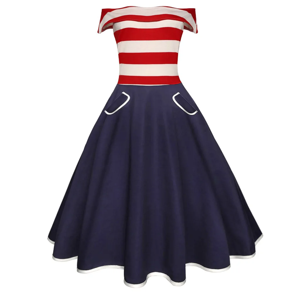 Joineles Stripe Patchwork Women Retro Dress Slash Neck Short Sleeves Summer Vintage 60s Audrey Hepburn Rockabilly Vestidos | Женская