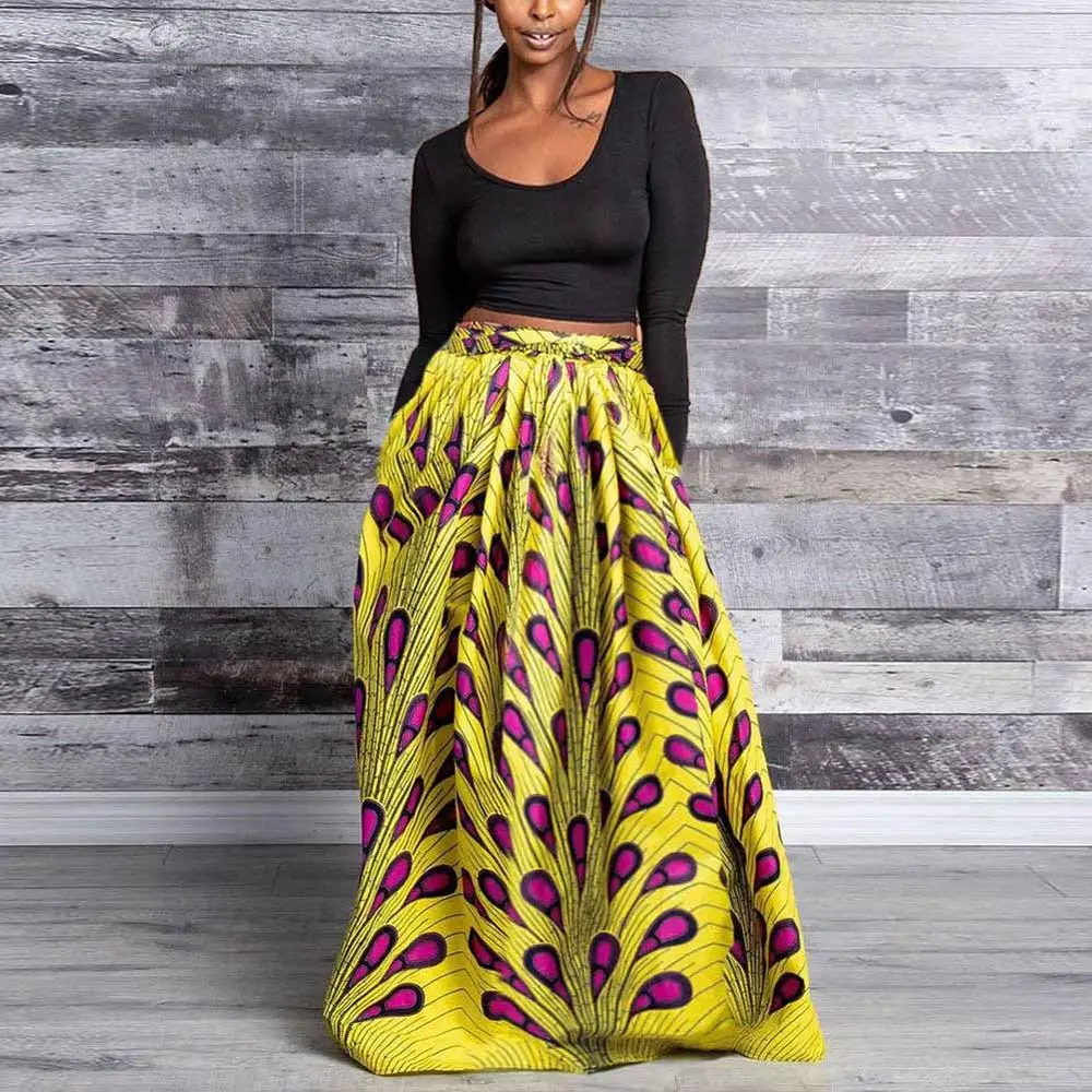 Skirt-Yellow BOHISEN в африканском стиле; юбки для девочек; однотонное Для женщин модные Дашики юбки для женщин в африканском стиле с принтом Для женщин юбки Femme Kanga Костюмы платья "Анкара" - Цвет: Skirt-Yellow