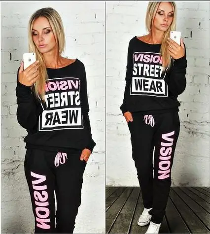 Женский спортивный костюм с круглым вырезом розовый принтом для улицы 2019 |