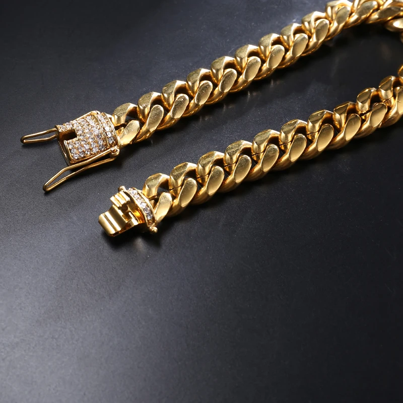 Хип-хоп, Мужская цепочка, рок браслет, Bling Iced Out, стразы, застежка, золотой цвет, нержавеющая сталь, кубинская цепочка, браслеты, ювелирные изделия