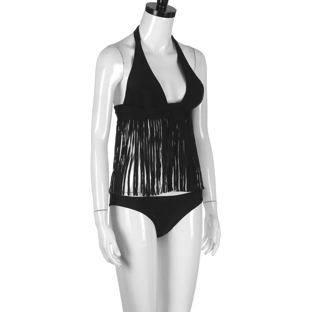 Biquinis Feminino,, черный купальник с кисточками, женский, элегантный, сексуальный, глубокий v-образный вырез, микро бикини, пуш-ап, женский бикини, стринги# JO