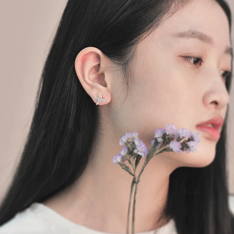 Женские серьги гвоздики в виде самолета посеребренные ювелирные изделия для