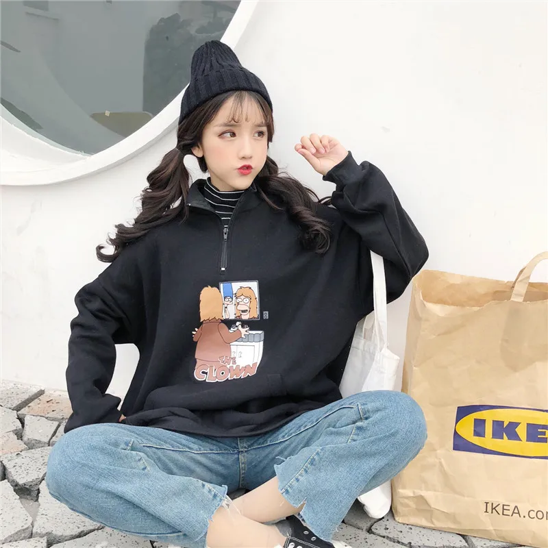Женские толстовки для отдыха с длинным рукавом, с мультяшным принтом, на молнии, пуловеры для женщин, толстые, Kawaii Ulzzang, трендовая, Студенческая, Повседневная Толстовка