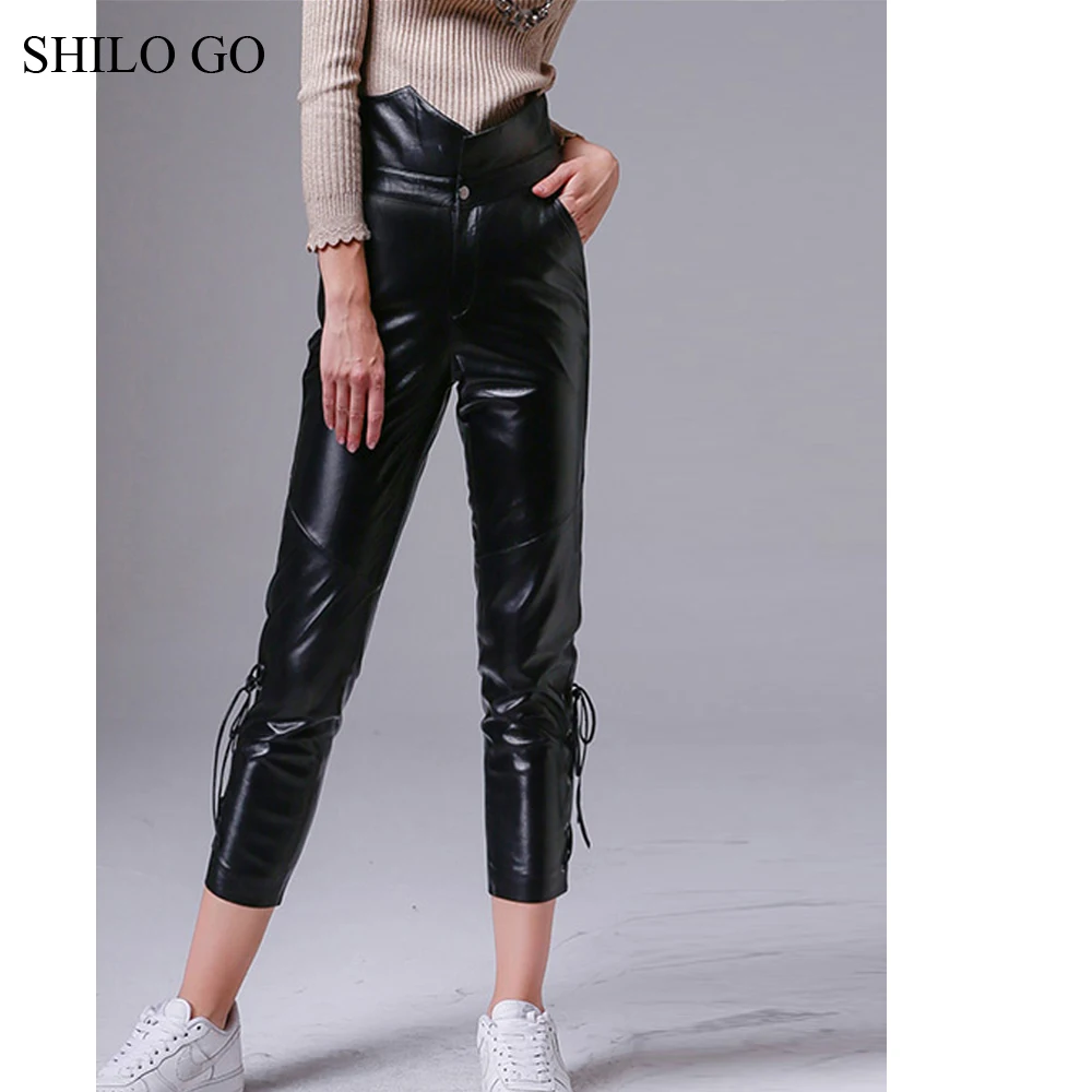 Женские кожаные брюки SHILO GO осенние модные из натуральной овчины с высокой талией