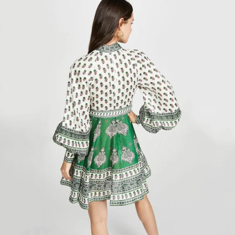 DEAT new summer fashion women clothes round neck vintage Vacation lantern sleeves linen flower printed dresses WG84206L