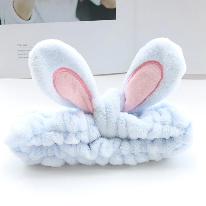 sky blue Милые заячьи ушки, повязка на голову для женщин, бархатная, мультяшная косметика, спа-повязки для волос, мягкий бант для волос, аксессуары для волос в виде тюрбана W1011 - Цвет: sky blue