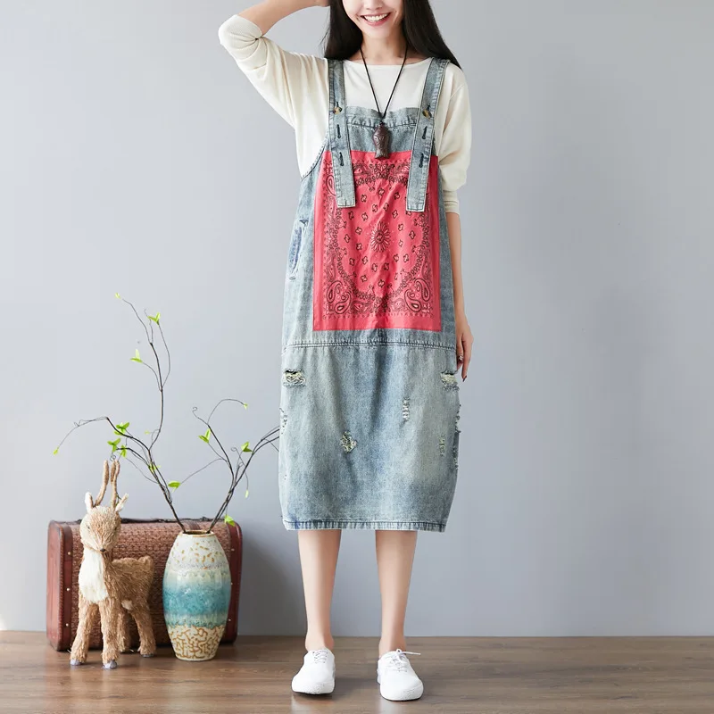 Женское джинсовое платье на лямках мешковатое без рукавов Свободные