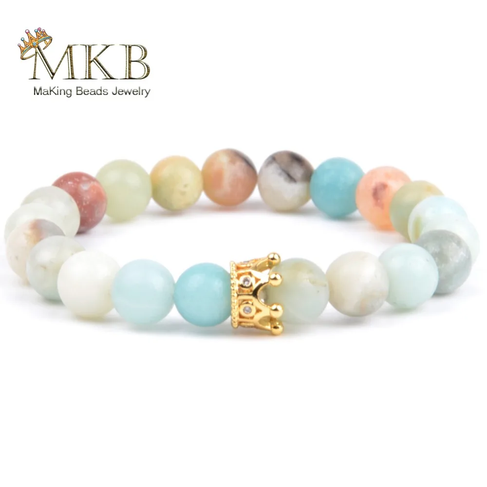 Fashion 8mm Natural Stone Amazonite Beaded Bracelet Crown Charm Bracelets &amp Bangles For Women Yoga Pulseras Jewelry Dropship | Украшения
