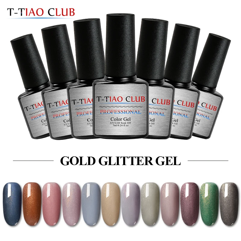 

T-TIAO CLUB 12 Colors Nail Glitter Gel Nude Gold Soak Off Shining UV LED Gel Varnish 7ml Sequins Manicure Nail Art Decorations