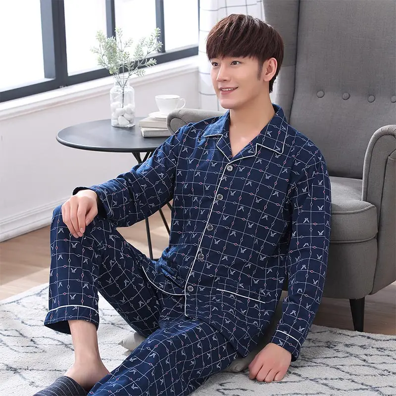 

Striped Cotton Men's Long Sleeve Pyjamas Set Spring Turn Down Blue Male Nightwear Pants Pajama Sets 2021 Korean Sleepwear Suits