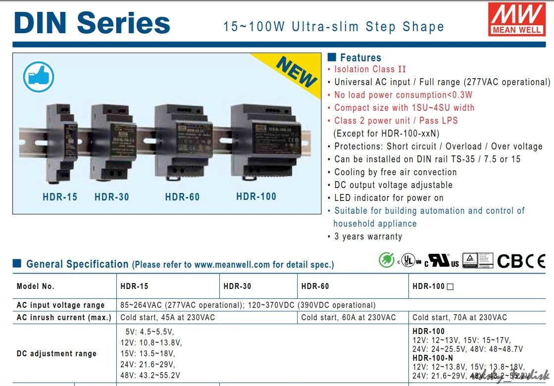1 упаковка) Meanwell 60 Вт Промышленный DIN Rail источник питания DR-60-24V/5/12/15/48 1,25/2.5A 4/4. 5/6. 5A тонкий 91% высокая эффективность DR/MDR