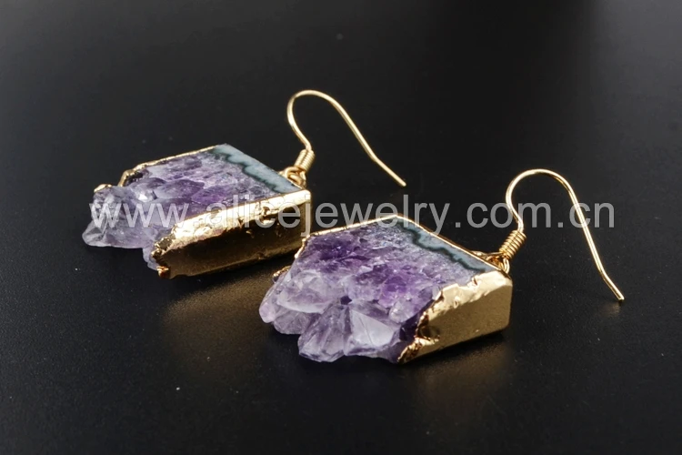 BOROSA Drusy Висячие серьги для женщин золотой цвет Натуральный Необработанный Фиолетовый Кристалл Друза кусочек натуральные аметисты висячие серьги WX014