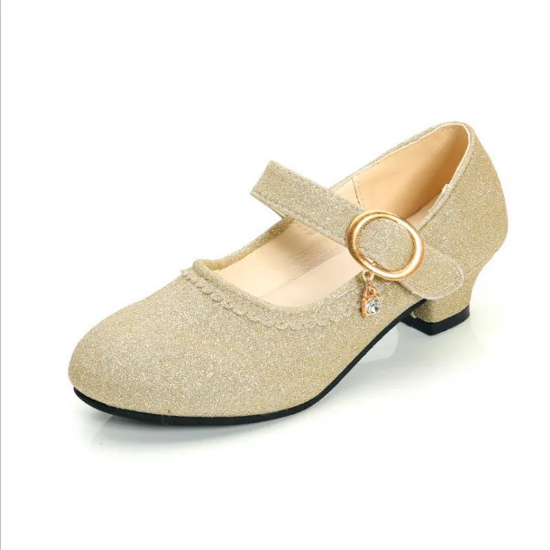 Натуральная кожа с блестками для девочек Кожаные туфли Женская обувь на высоком
