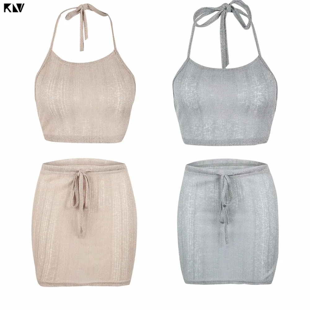 KLV 2019 2PCS Women Summer Beach Sexy See Through Bodycon Halter Bikini Cover-up Knitted Bandage Beachwear Mini Dress | Женская одежда