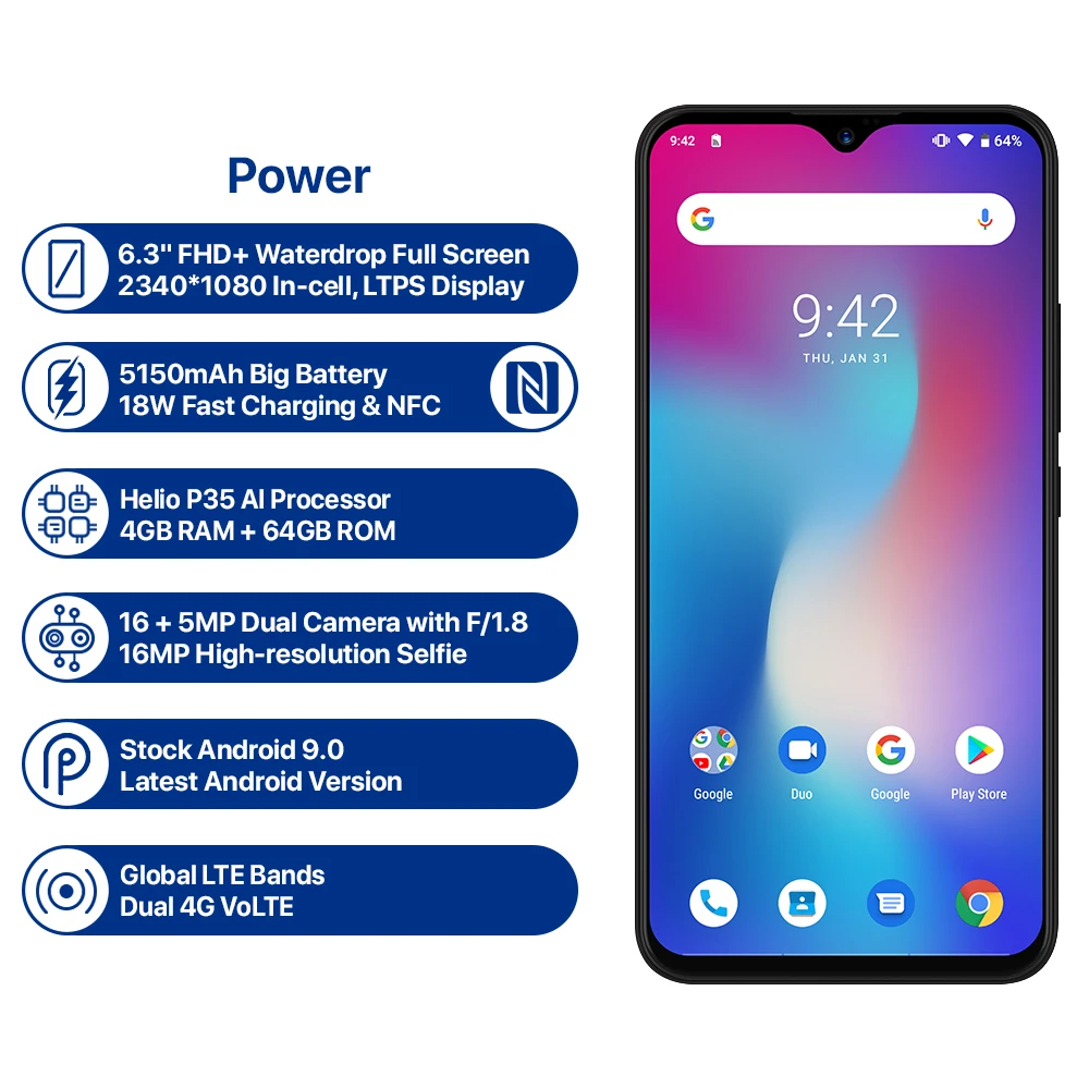 UMIDIGI Power смартфон с 6 3-дюймовым дисплеем ОЗУ 4 Гб ПЗУ 64 ГБ Android 9 0 4G 5150 мАч 16 МП