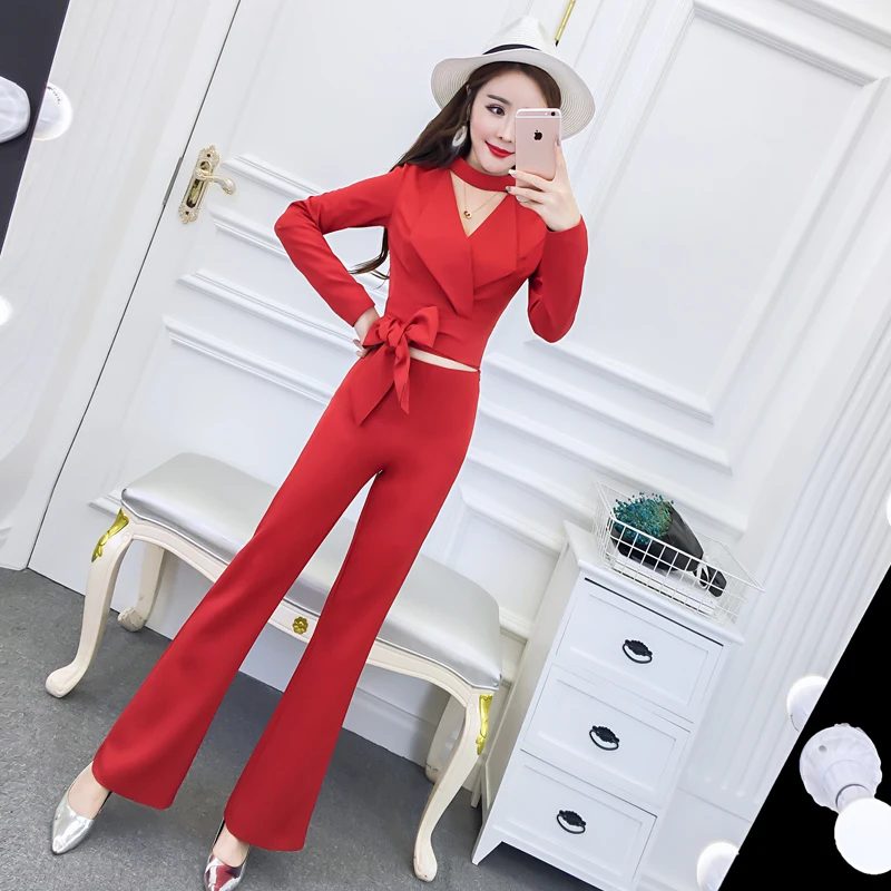 Фото 2018 Spring and Autumn new style Korean temperament neck long-sleeved suit was thin wide leg bell-bottoms fashion ladies suits Женская 2018 Spring and Autumn new style Korean temperament neck long-sleeved suit was thin wide leg bell-bottoms fashion ladies suits Женская
