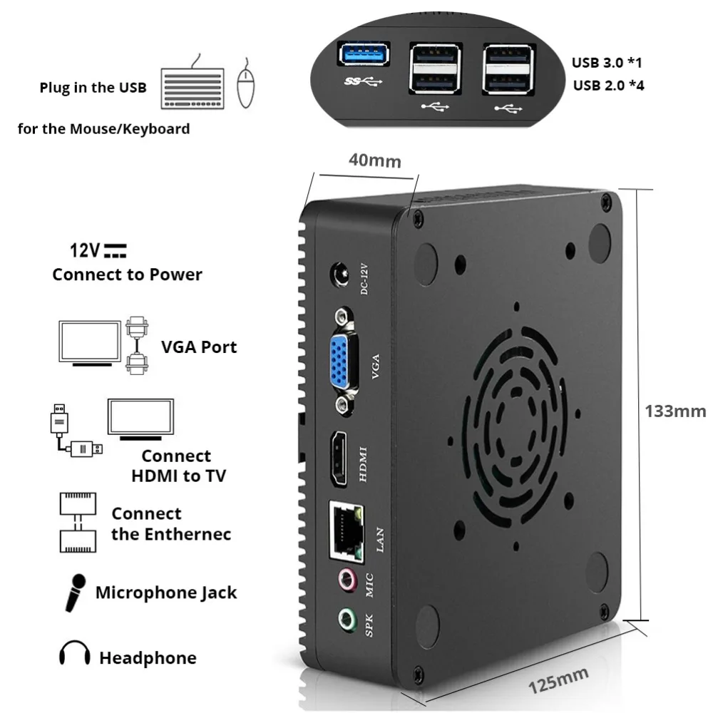 OLOEY мини-ПК без вентилятора Intel Celeron N2930 Windows 10 4 Гб ram 120 ГБ SSD 300 Мбит/с WiFi Gigabit Ethernet HDMI VGA 5* USB HTPC