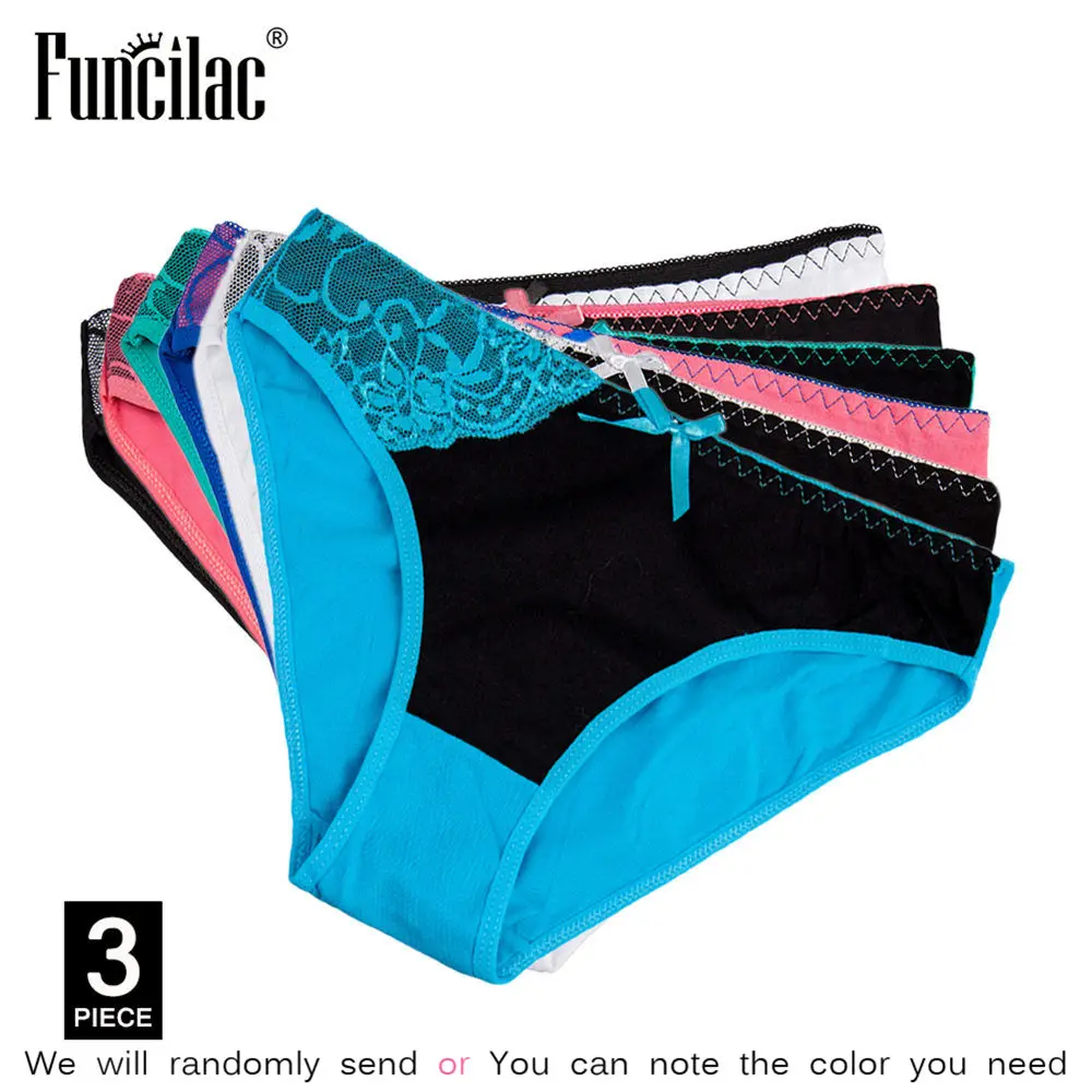 Random color-3 pcs FUNCILAC сексуальные трусики для женщин, хлопковое женское нижнее белье, трусы больших размеров, кружевное лоскутное женское белье, M-XXL, 3 шт./набор - Цвет: Random color-3 pcs