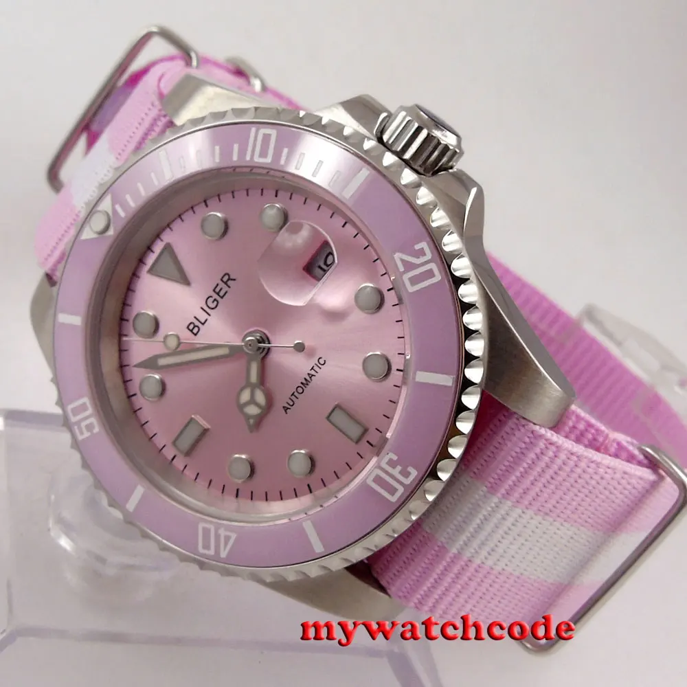

40mm bliger pink sterile dial date sapphire crystal automatic women watch B111