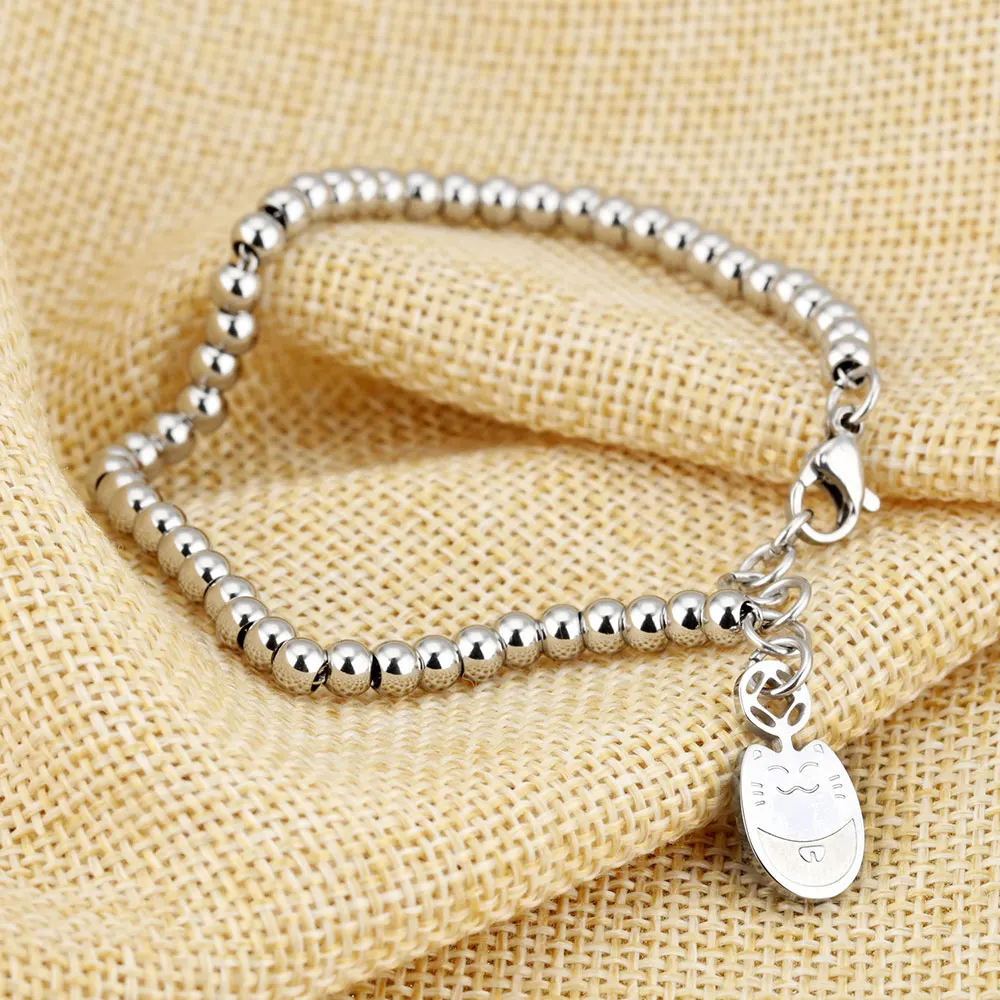 Браслеты из нержавеющей стали с котом шарик серебряного цвета розового золота