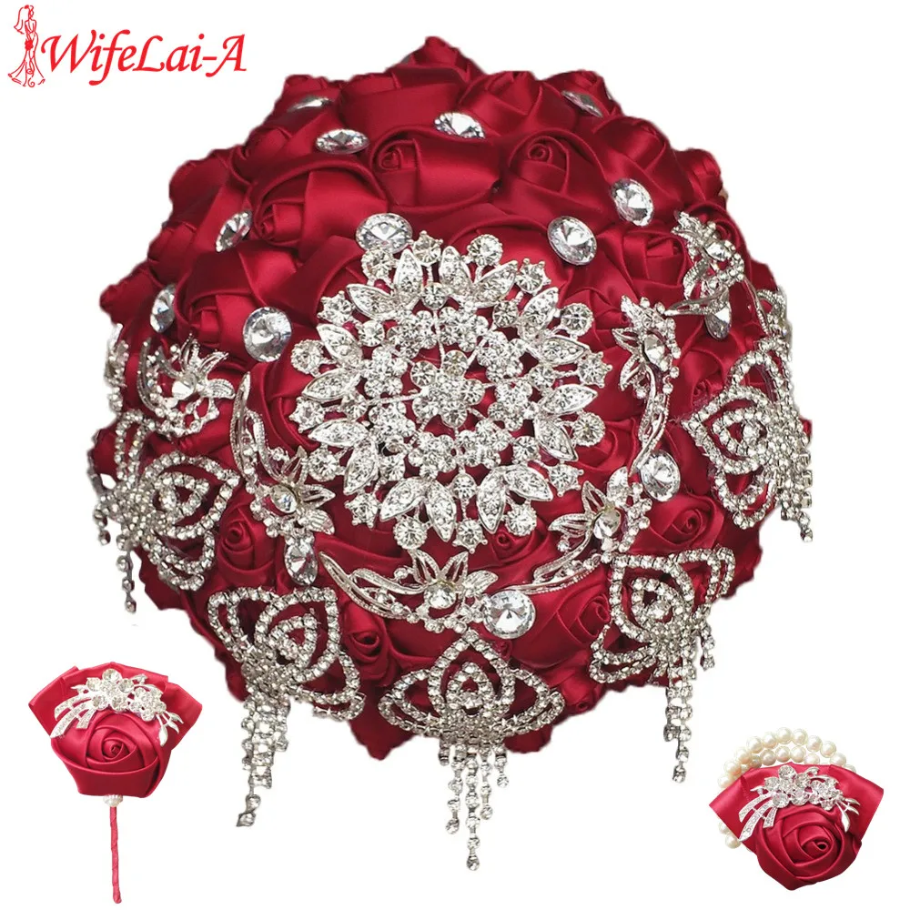 Винный красный свадебный букет с бриллиантами цветок на запястье и Бутоньерка